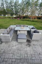 Fimous Rattan Fire Pit Garden Furniture Set Gas Heater Burner Lounge Sofa Dining Set 2 Coffee Table Chairs in Light Grey - thumbnail 3