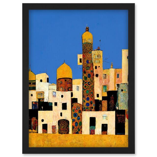 Artery8 Klimt Style Moroccan Cityscape Blue Gold Artwork Framed Wall Art Print A4 in Black - image 1