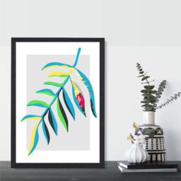 ARTZE Tropical Leaf Blue & Green Abstract Minimalist Framed Print SIZE: A4 with Black Frame in Mid Blue - thumbnail 2