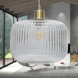 First Choice Lighting Batley Large - Clear Ribbed Glass with Satin Brass Pendant Fitting - thumbnail 4