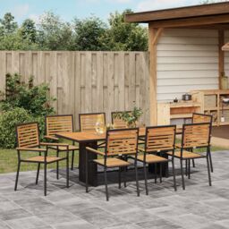 Berkfield Home 9 Piece Garden Dining Set Black Poly Rattan Acacia - thumbnail 4
