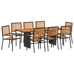 Berkfield Home 9 Piece Garden Dining Set Black Poly Rattan Acacia - thumbnail 2