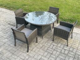 Fimous Wicker PE Outdoor Rattan Garden Furniture Arm Chair & Table Dining Sets 4 Seater Large Round Table Dark Grey Mixed - thumbnail 2
