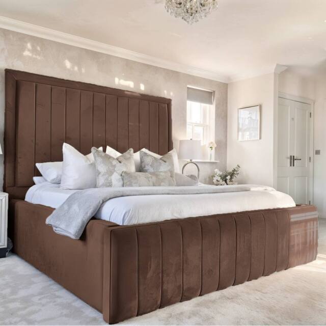 Living Comfort Bedz Geneva Upholstered Bed Frame with 54-inch Headboard - Slatted Base in Brown - Size: King - image 1