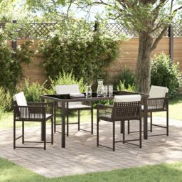 Berkfield Home 5 Piece Garden Dining Set with Cushions Brown Poly Rattan - thumbnail 1