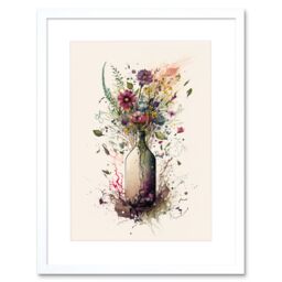 "Artery8 Wall Art Print Spring Wildflower Floral Bouquet in a Wine Bottle Artwork Framed 9X7 Inch in White - Size: W7"" x H9""" - thumbnail 1