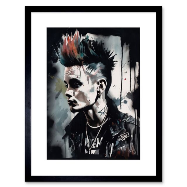 "Artery8 Wall Art Print Punk Rock Music Fashion Young Man with a Mohawk Modern Watercolour Painting Artwork Framed 9X7 Inch in Black - Size: W7"" x H9""" - image 1