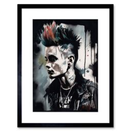 "Artery8 Wall Art Print Punk Rock Music Fashion Young Man with a Mohawk Modern Watercolour Painting Artwork Framed 9X7 Inch in Black - Size: W7"" x H9""" - thumbnail 1