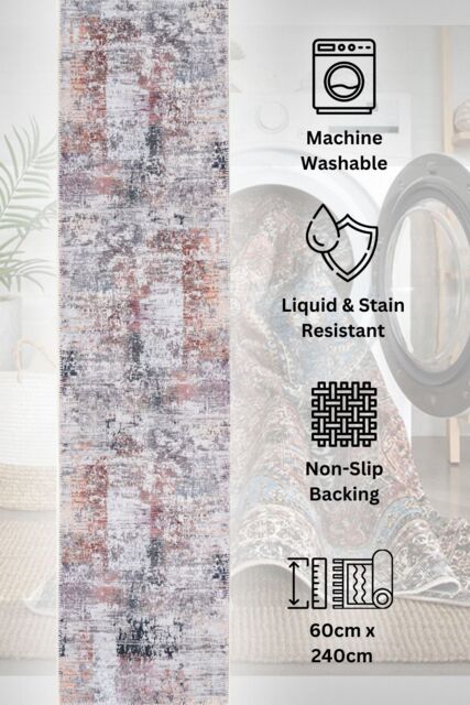 Kukoon Washable Runner Rug Grey Abstract Long Hallway Carpet Mat 80cm x 300cm - Size: 80 cm x 300 cm - image 1