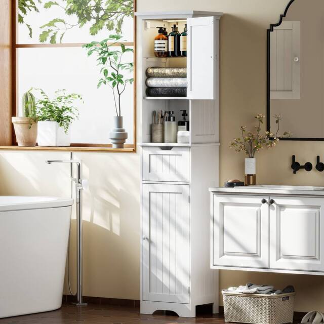 HOMCOM 170cm Tall Bathroom Storage Cabinet with LED Light, Adjustable Shelf in White - image 1