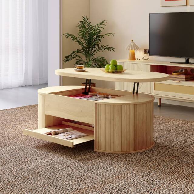 Merax Oval 110cm Lift Top Coffee Table with Extendable Bottom Shelf in Light Oak - image 1