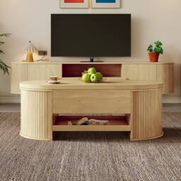 Merax Oval 110cm Lift Top Coffee Table with Extendable Bottom Shelf in Light Oak - thumbnail 9