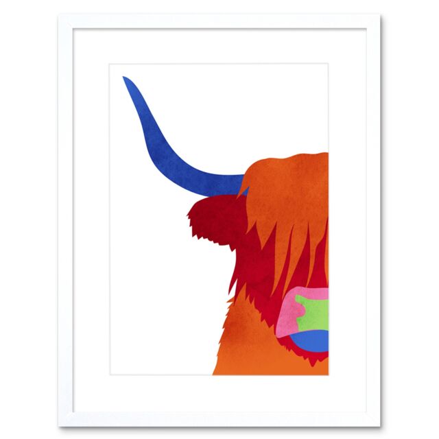 "Artery8 Wall Art Print Bright Highland Scottish Cow Bull Coo Colourful Framed Art in White - Size: W7"" x H9""" - image 1