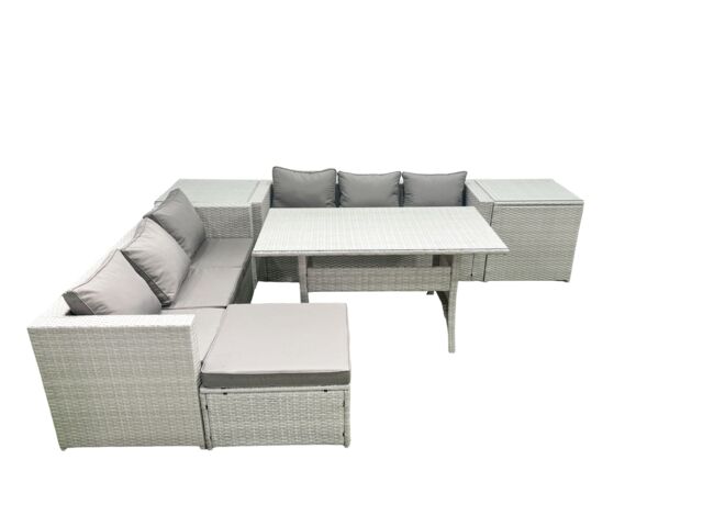 Fimous Rattan Garden Furniture Set 7 Seater Outdoor Sofa Set with Dining Table 2 Side Tables Big Footstool Light Grey Mixed - image 1