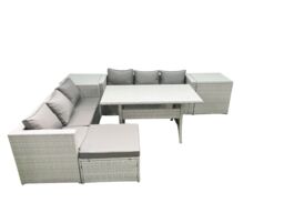 Fimous Rattan Garden Furniture Set 7 Seater Outdoor Sofa Set with Dining Table 2 Side Tables Big Footstool Light Grey Mixed - thumbnail 2