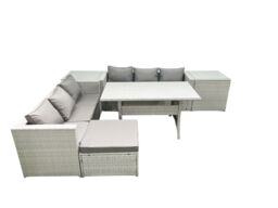 Fimous Rattan Garden Furniture Set 7 Seater Outdoor Sofa Set with Dining Table 2 Side Tables Big Footstool Light Grey Mixed - thumbnail 1