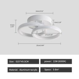 Pheashine Modern White Dual-Ring LED Ceiling Light, 22W 6500K Cool White, 25cm - thumbnail 2