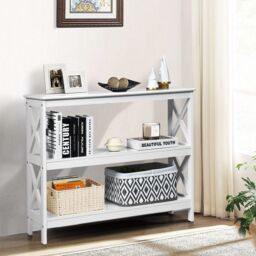 Costway 3-Tier Console Table X-design Wooden Hall Desk Side End Table W/ Shelf in White - thumbnail 4