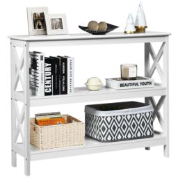 Costway 3-Tier Console Table X-design Wooden Hall Desk Side End Table W/ Shelf in White - thumbnail 5