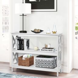 Costway 3-Tier Console Table X-design Wooden Hall Desk Side End Table W/ Shelf in White - thumbnail 1