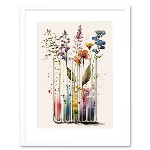 "Artery8 Wall Art Print Wildflowers Rainbow Colour Water Glass Test Tubes Artwork Framed 9X7 Inch in White - Size: W7"" x H9""" - image 1
