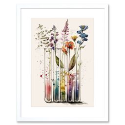 "Artery8 Wall Art Print Wildflowers Rainbow Colour Water Glass Test Tubes Artwork Framed 9X7 Inch in White - Size: W7"" x H9""" - thumbnail 1