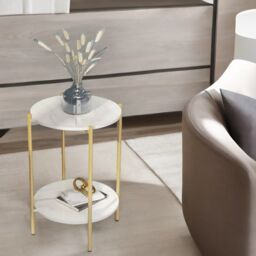 Pirlo Plush 2 Tier Round Faux Marble Side Table With Metal Legs in White - thumbnail 5