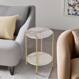Pirlo Plush 2 Tier Round Faux Marble Side Table With Metal Legs in White - thumbnail 4