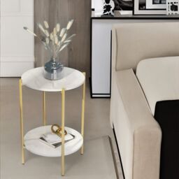 Pirlo Plush 2 Tier Round Faux Marble Side Table With Metal Legs in White