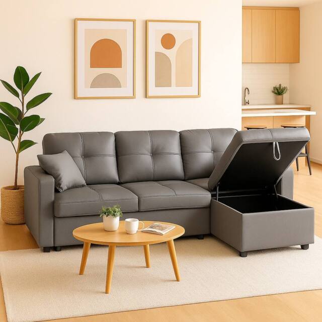 SquareBoxx Astoria 3 Seater L Shape Convertible Pullout SofaBed with Deep Storage in Grey - image 1