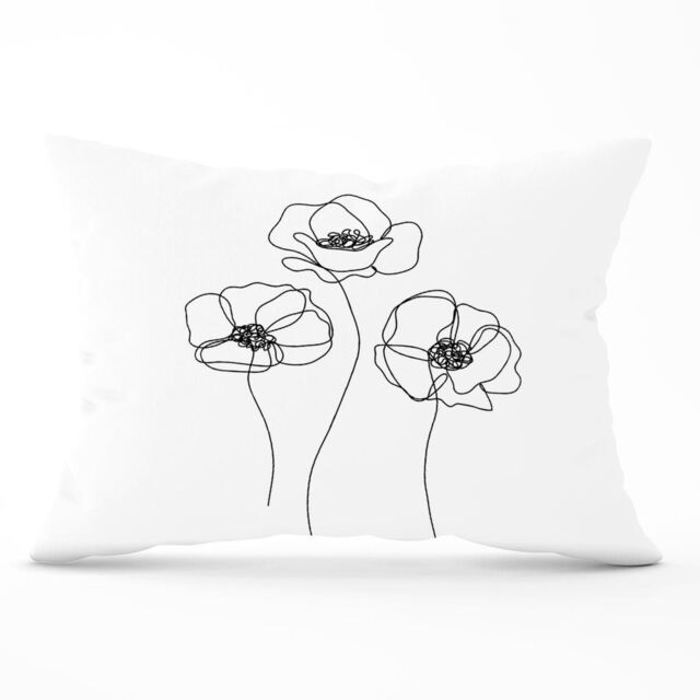 Warren Reed - Designer Monochrome Line Drawn Poppies Cushions in White - Size: 60 cm x 60 cm - image 1