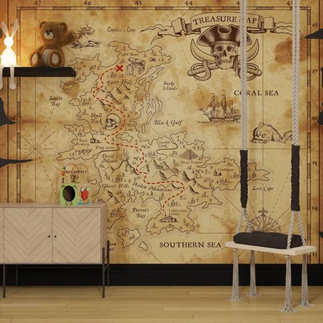 Superfresco Easy Treasure Map Natural Print To Order 3m x 2.8m Mural in Beige - image 1