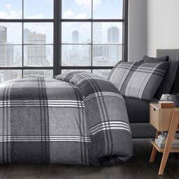 Velosso Hamilton Check Cotton Rich Printed Duvet Cover & Pillowcase Set in Grey - Size: Double - thumbnail 2