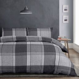 Velosso Hamilton Check Cotton Rich Printed Duvet Cover & Pillowcase Set in Grey - Size: Double - thumbnail 1