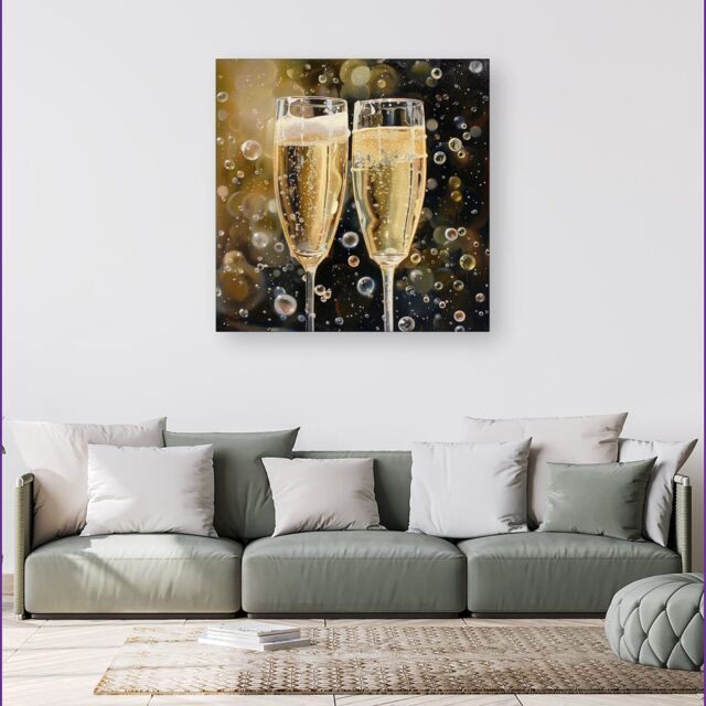 Warren Reed - Designer Splashart Bubbly Champagne Flues Canvas in Yellow - Size: w40 inch x h40 inch - image 1