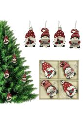 Neel Blue Wooden Xmas Tree Hanging Decorations, Red & White Gnome Ornaments with Merry Christmas Sign