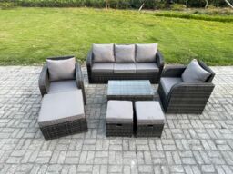 Fimous 8 Seater Rattan Garden Furniture Set Patio Outdoor Lounge Sofa Set with Rectangular Coffee Table 3 Footstools in Dark Grey - thumbnail 1
