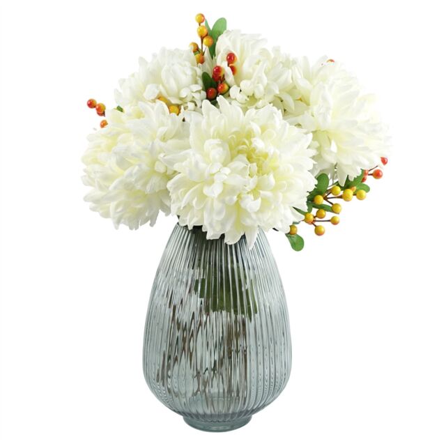 Leaf 50cm Grey Glass Vase Artificial Chrysanthemums in White - image 1