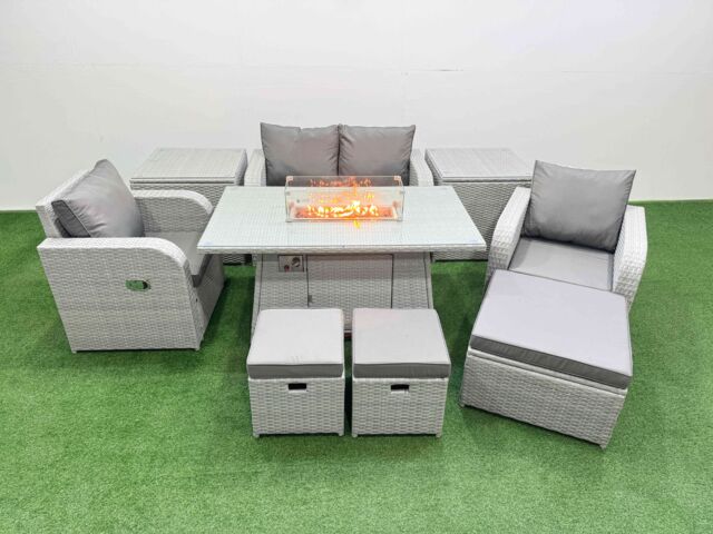 Fimous Light Grey PE Wicker Rattan Garden Furniture Set Sofa Set Reclining Chair Firepit Dining Table 7 Seater 3 Stools 2 Side Table - image 1