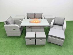 Fimous Light Grey PE Wicker Rattan Garden Furniture Set Sofa Set Reclining Chair Firepit Dining Table 7 Seater 3 Stools 2 Side Table - thumbnail 2
