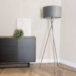 ValueLights Camden Grey Velvet & Chrome Shade & Chrome Tripod Floor Lamp with Bulb