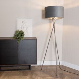 ValueLights Camden Grey Velvet & Chrome Shade & Chrome Tripod Floor Lamp with Bulb - thumbnail 2