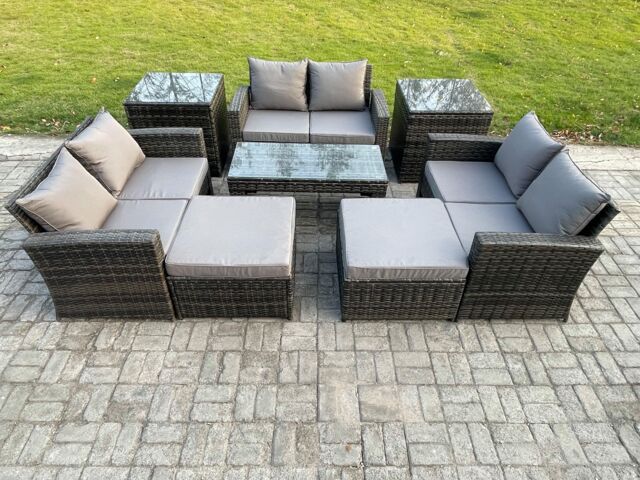 Fimous Outdoor U Shape Sofa Set Wicker PE Rattan Garden Furniture Set with Coffee Table Double Seat Sofa Big Footstool in Dark Grey - image 1