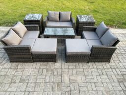 Fimous Outdoor U Shape Sofa Set Wicker PE Rattan Garden Furniture Set with Coffee Table Double Seat Sofa Big Footstool in Dark Grey - thumbnail 2