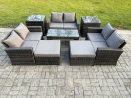 Fimous Outdoor U Shape Sofa Set Wicker PE Rattan Garden Furniture Set with Coffee Table Double Seat Sofa Big Footstool in Dark Grey - thumbnail 1