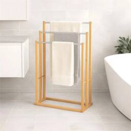Nordara 3 Tier Towel Rail Holder Steel Rod Bamboo Wood Cloth Drying Rack in Natural - thumbnail 3