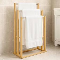 Nordara 3 Tier Towel Rail Holder Steel Rod Bamboo Wood Cloth Drying Rack in Natural - thumbnail 4