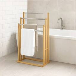 Nordara 3 Tier Towel Rail Holder Steel Rod Bamboo Wood Cloth Drying Rack in Natural - thumbnail 6