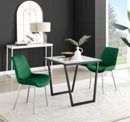 FurnitureboxUK Carson White Marble Effect Square Dining Table & 2 Velvet Pesaro Silver Leg Chairs in Green - thumbnail 1