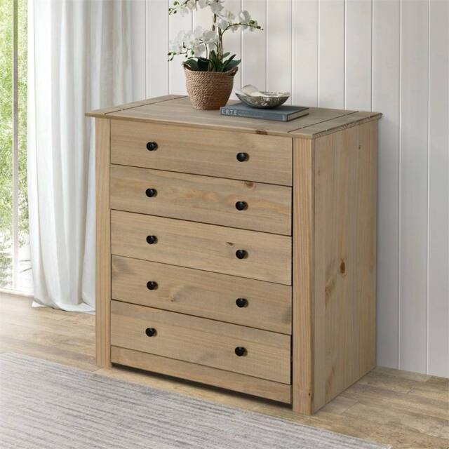 Nordara Chest of Drawers 5 Drawer Solid Pine Wood Waxed Oak Finish in Brown - image 1